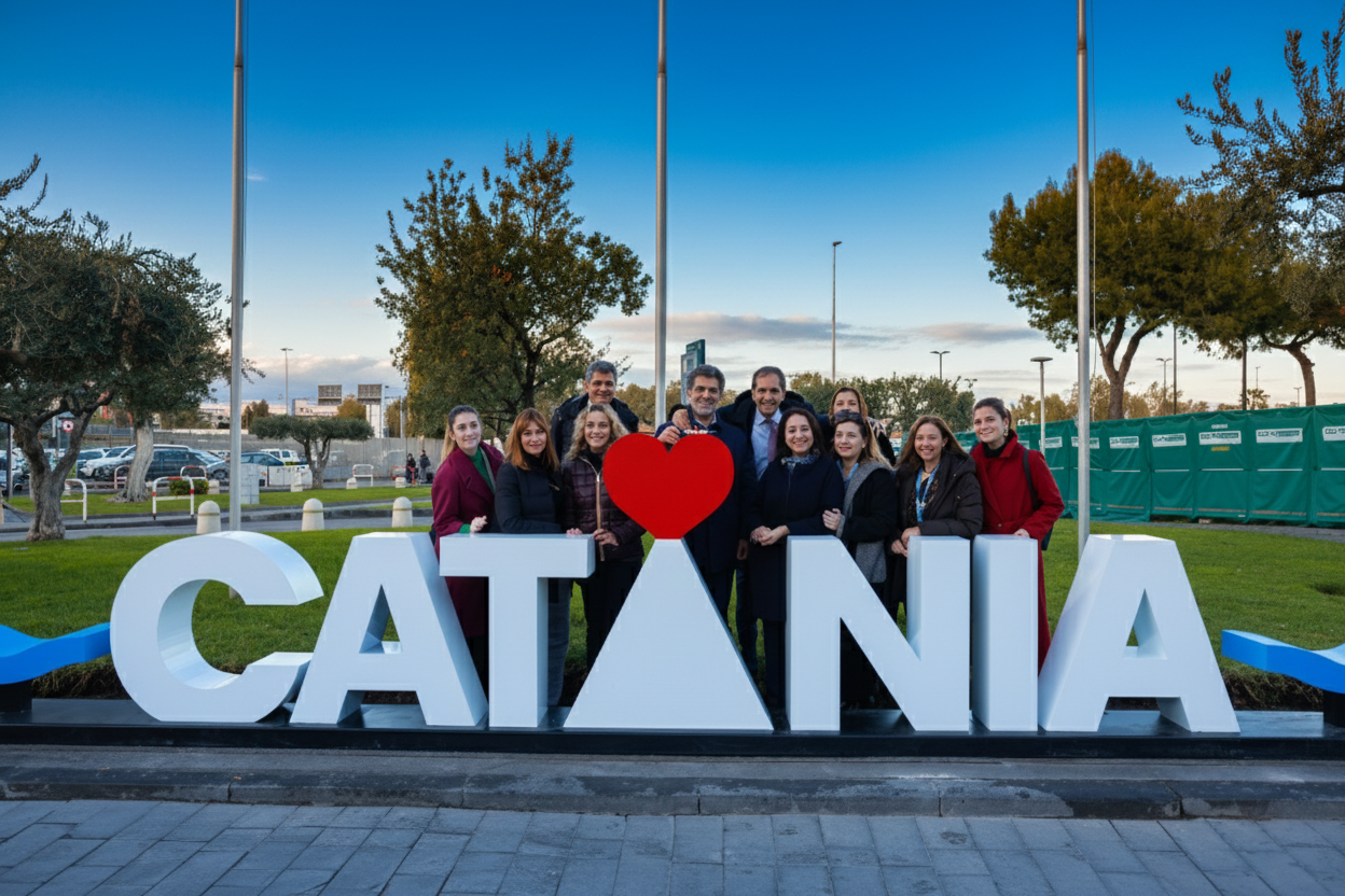 Landmark Catania all’aeroporto di Fontanarossa con Etna stilizzato, cuore rosso e richiamo al mare. Nella foto, dietro la scritta, il sindaco Enrico Trantino e lo staff di SAC – Società Aeroporto Catania